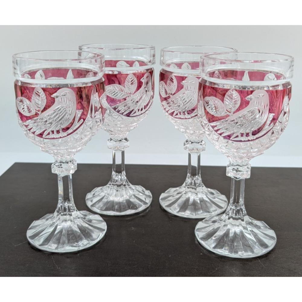 Hofbauer Byrdes Wine Glass Set of 4 Bird Glasses Clear Red Accent 6.5" Vintage